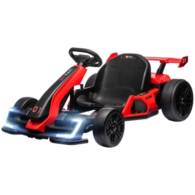 Aosom 24V Electric Go Kart, Battery Powered Kids Drift Kart with Adjustable Seat, Seat Belt, Horn, Music, Light, Red