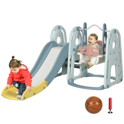 Qaba 4 in 1 Kids Slide and Swing Set with Basketball Hoop Adjustable Height Water-fillable Base Toddler Climber Playset Playground Activity Center Indoor Outdoor Exercise Toy