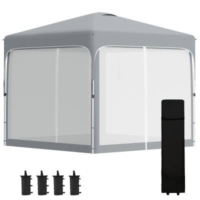 Outsunny 10' x 10' Pop Up Gazebo, Foldable Canopy Tent with Carrying Bag with Wheels, 4 Leg Weight Bags, Mesh Sidewalls and 3-Level Adjustable Height for Garden Patio Party, Grey