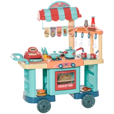 Qaba 50 Pcs Kids Fast Food Shop Cart Pretend Playset Multi-functional Kitchen Supermarket Toys Trolley Set with Play Food Register Accessories Gift for Boys Girls Age 3- 6