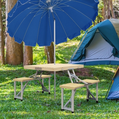 Outsunny Aluminum Frame Folding Picnic Table, Portable Camping Table and Chairs Set with Umbrella Hole