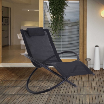 Outsunny Outdoor Rocking Lounge Chair, Foldable Zero Gravity Rocking Chair, Orbital Outdoor Patio Chaise Lounge Rocker with Mesh Seat and Pillow, Black
