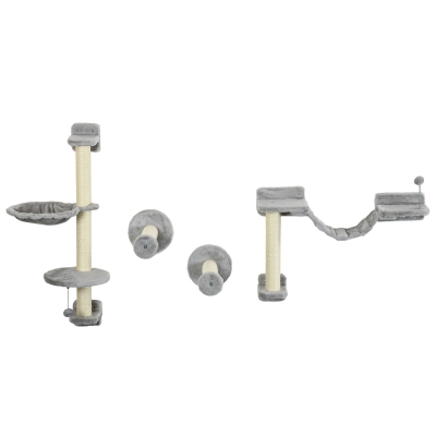 PawHut 4PCs Cat Wall Shelves with Hammock, Scratching Post, Ladder, Steps, Platforms, Toy Balls, Grey