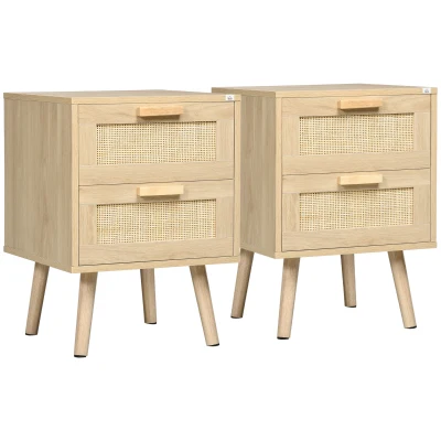 HOMCOM Boho Design Nightstand Set of 2, Side End Table with 2 Drawers for Living Room, Bedroom