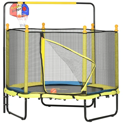 Qaba 4.6ft Kids Trampoline with Basketball Hoop, Horizontal Bar with Net for Children Ages 3-10, Yellow