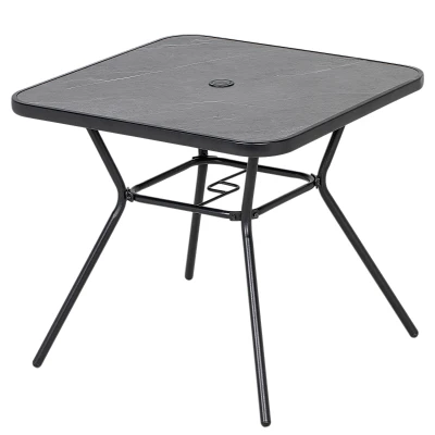 Outsunny Square Outdoor Table, Patio Bistro Coffee Table with Faux-marbled Top and 42mm Umbrella Hole for Garden, Dark Grey