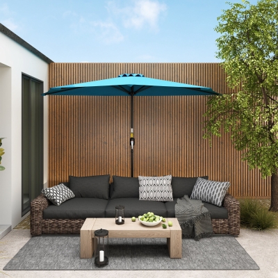 Outsunny 9ft Half Round Umbrella Outdoor Patio Garden Balcony Parasol Window Sun Shade w/ 5 Ribs, Light Blue