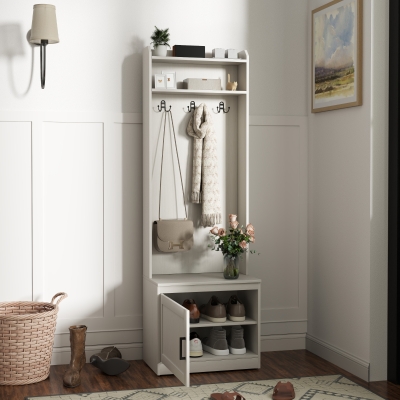 HOMCOM Modern Hall Tree with Shoe Storage Bench, Coat Rack and Shelves, White
