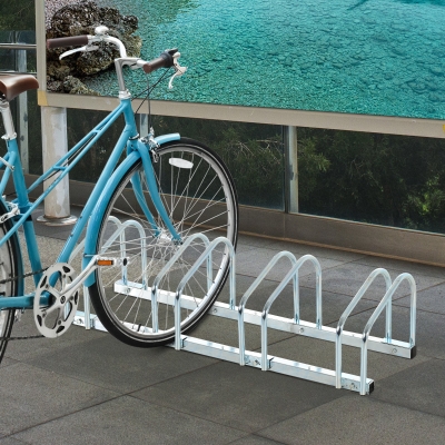 HOMCOM 5-Bike Bicycle Floor Parking Rack Cycling Storage Stand Ground Mount Garage Organizer for Indoor and Outdoor Use Silver
