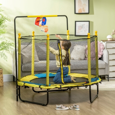 Qaba 4.6ft Kids Trampoline with Basketball Hoop, Horizontal Bar with Net for Children Ages 3-10, Yellow