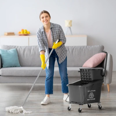 HOMCOM 38 Quart Mop Bucket with Wringer on Wheels, Black