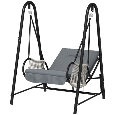 Outsunny Rattan Hammock Chair with Stand Included, Hanging Swing Chair with Stand and Seat Cushion, Light Grey