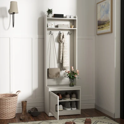 HOMCOM Narrow Hall Tree with Shoe Storage Bench, White Wood Grain