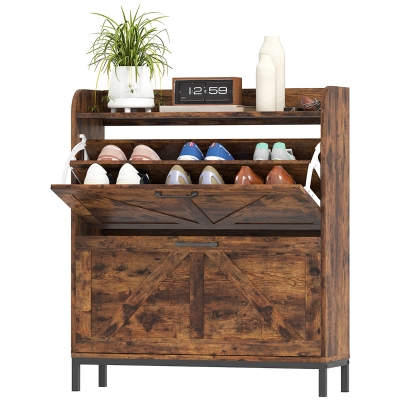 HOMCOM Narrow Shoe Cabinet with 2 Flip Drawers, Rustic Brown