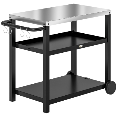 Outsunny 3-Shelf Outdoor Grill Dining Cart Pizza Oven Stand with Stainless Steel Top, Movable BBQ Food Prep Table Outdoor Kitchen Island with Hooks Wheels Handle, Charcoal Grey