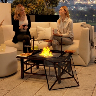 Outsunny 2-in-1 Outdoor Fire Pit Firepit with BBQ Grill Grate, Wood Fire Pit with Adjustable Foot Pads, Outer Ledge, Poker, Mesh Lid for Backyard Bonfire Picnic, Black