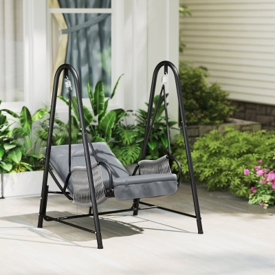 Outsunny Rattan Hammock Chair with Stand Included, Hanging Swing Chair with Stand and Seat Cushion, Light Grey