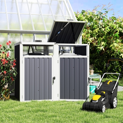 Outsunny Double Garbage Bin Shed, Lockable Outdoor Storage Shed with Openable Lid, Galvanized Frame for Garden Patio, Dark Grey