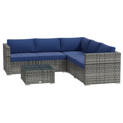 Outsunny 4 Pieces Rattan Wicker Outdoor Conversation Furniture Set w/ Corner Sofa Loveseats Coffee Table Cushions, Navy Blue