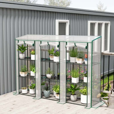 Outsunny Lean-to Greenhouse with 3 Tier Shelves, Mini Greenhouse with 3 Roll-Up Doors for Indoor Outdoor, White