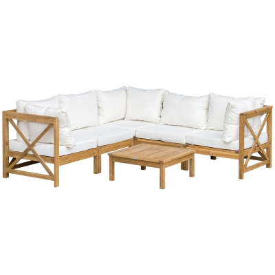Outsunny 6-Piece Wooden Patio Sofa Sectional Set with 5 Sofas, 1 Coffee Table, 5 Cushions & 8 Pillows, Cream White