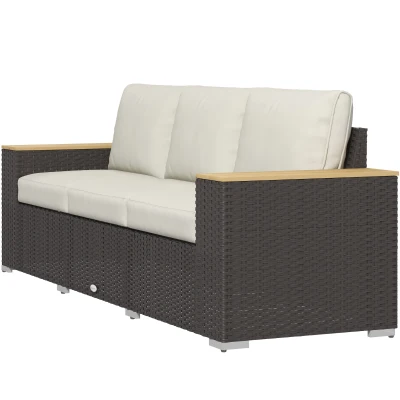 Outsunny 3-Seat Outdoor Couch with Cushions, PE Rattan Patio Couch with Wood Grain Armrests, Outdoor Sofa for Porch, Sunroom, Garden, Poolside, Cream White