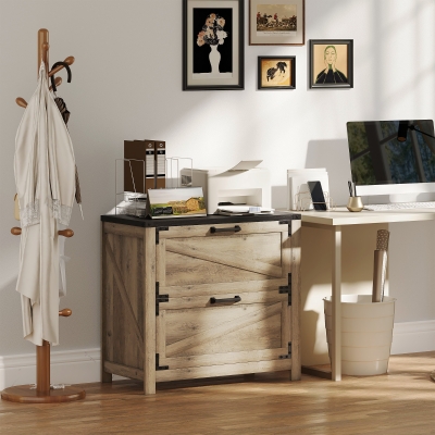 HOMCOM 2 Drawer Filing Cabinet, Farmhouse Office Storage Cabinet with Adjustable Hanging Bars for Letter, A4, Legal Size, Grey