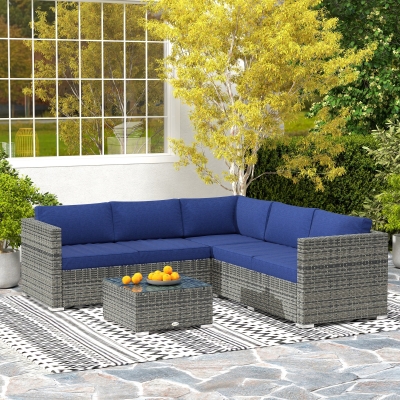 Outsunny 4 Pieces Rattan Wicker Outdoor Conversation Furniture Set w/ Corner Sofa Loveseats Coffee Table Cushions, Navy Blue