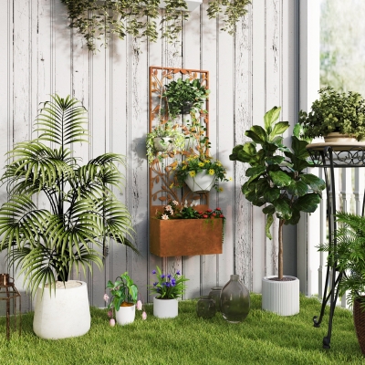 Outsunny Raised Garden Bed with Outdoor Privacy Screen, Metal Planter Box with Trellis, Wall-Mounted or Freestanding, Brown