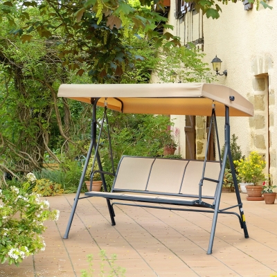 Outsunny 3-Seater Swing Chair Covered Garden Hammock A-Frame Outdoor Porch Glider Sling Seat with Adjustable Canopy Cover, Beige