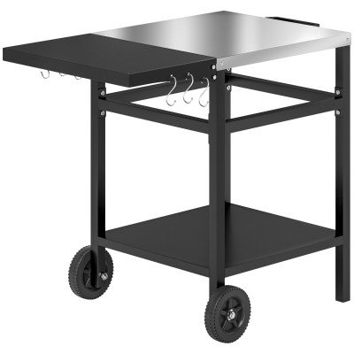 Outsunny Outdoor Grill Dining Cart with Stainless Steel Top and Foldable Side Table, BBQ Movable Pizza Oven Stand Food Prep Table Trolley with Hooks Shelf Cover, Black