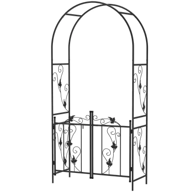 Outsunny 7ft Steel Garden Arch with Gate, Garden Arbor Trellis for Climbing Plants, Roses, Vines, Wedding Arch for Outdoor, Garden, Lawn, Backyard, Black