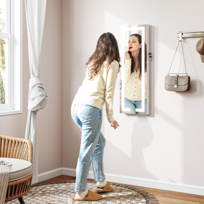 HOMCOM LED Lighted Jewelry Armoire with Mirror Jewelry Cabinet with Storage Lockable Door/Wall Mounted Jewelry Organizer, White