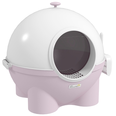 PawHut Enclosed Cat Litter Box, Large Kitty Litter Box with Lid, Scoop, Leaking Sand Pedal, Top Handle, Pink