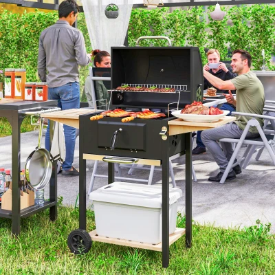 Outsunny Charcoal BBQ Grill, Adjustable Pan, 3 Shelves, Black
