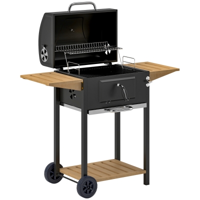 Outsunny Charcoal BBQ Grill, Adjustable Pan, 3 Shelves, Black