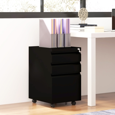 Vinsetto 3 Drawer File Cabinet with Lock, Steel Vertical Filing Cabinet with 5 Wheels and Hanging Bar for A4/Legal/Letter Size Files, Printer Stand with Pre-Assembled Body, Black