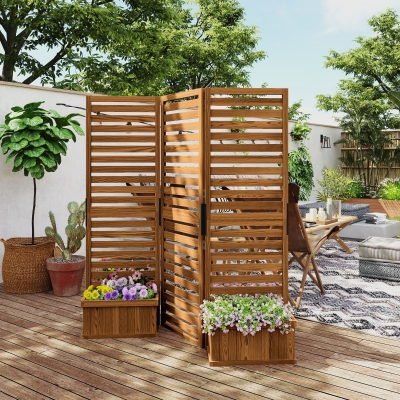 Outsunny Outdoor Privacy Screen Wood Privacy Panel with 4 Planter Boxes, Raised Bed with 3 Panels, Drainage Holes