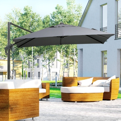 Outsunny 8'x8' Square Patio Hanging Offset Umbrella, Outdoor Cantilever Parasol w/ Cross Base, Dark Grey