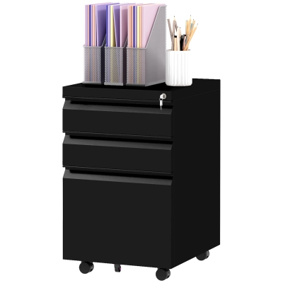 Vinsetto 3 Drawer File Cabinet with Lock, Steel Vertical Filing Cabinet with 5 Wheels and Hanging Bar for A4/Legal/Letter Size Files, Printer Stand with Pre-Assembled Body, Black