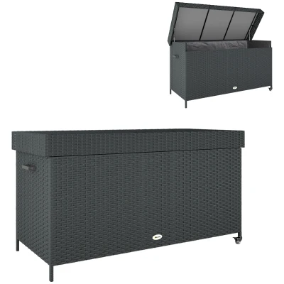 Outsunny 165 Gallon Deck Box, Wicker Outdoor Patio Storage Box with Waterproof Liner, Gas Strut and Universal Wheels, Black