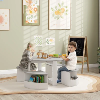 Qaba 5-Piece Kids Table & Chairs Set with Storage, Gray