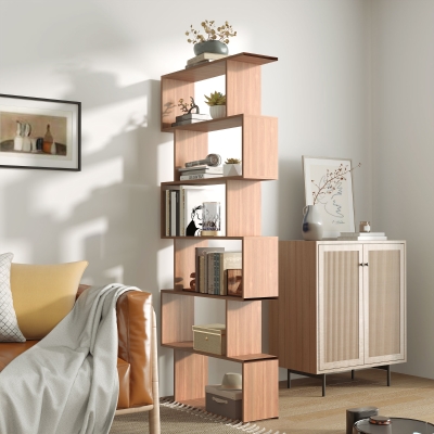 HOMCOM 76" 6-Tier Geometric Wooden Bookcase S Shaped Storage Display Bookshelf Modern shelf Open Concept Living Room Home Office Furniture, Maple