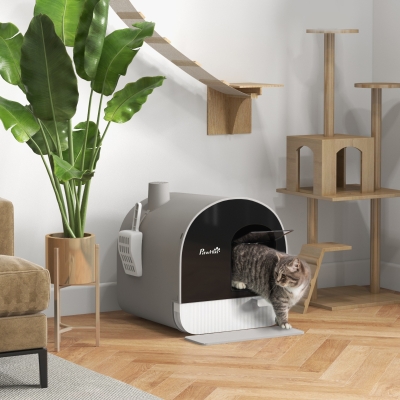 PawHut Cat Litter Box with Lid, Removable Tray, Scoop, Filter, Light Grey