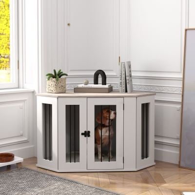 PawHut Dog Crate Furniture with Cushion, 41 Inch Corner Design Dog Crate End Table for Medium Dogs, Multi Colour