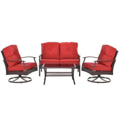 Outsunny 4 PCS Patio PE Rattan Wicker Sofa Set Outdoor Conversation Furniture w/ Two Tier Tea Table & Cushions, Red