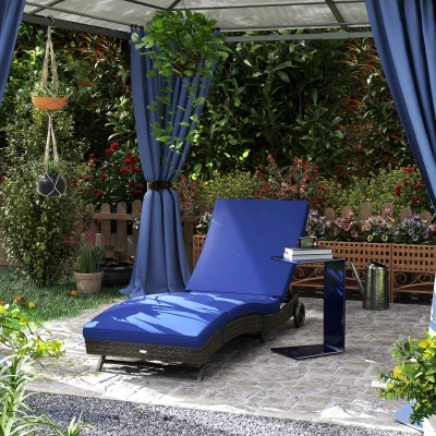 Outsunny Wicker Chaise Lounge Chair, Adjustable Rattan Sun Lounger, Blue