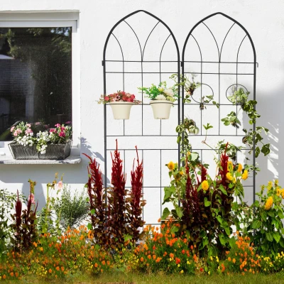 4 Pack Metal Garden Trellis with 2 Pot Holders, Black