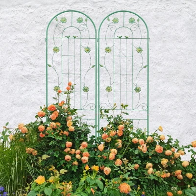 2 Pack Metal Garden Trellis with Leaves and Flower Decorations, Green