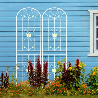 2 Pack Metal Garden Trellis with Butterfly Decoration, Cream White